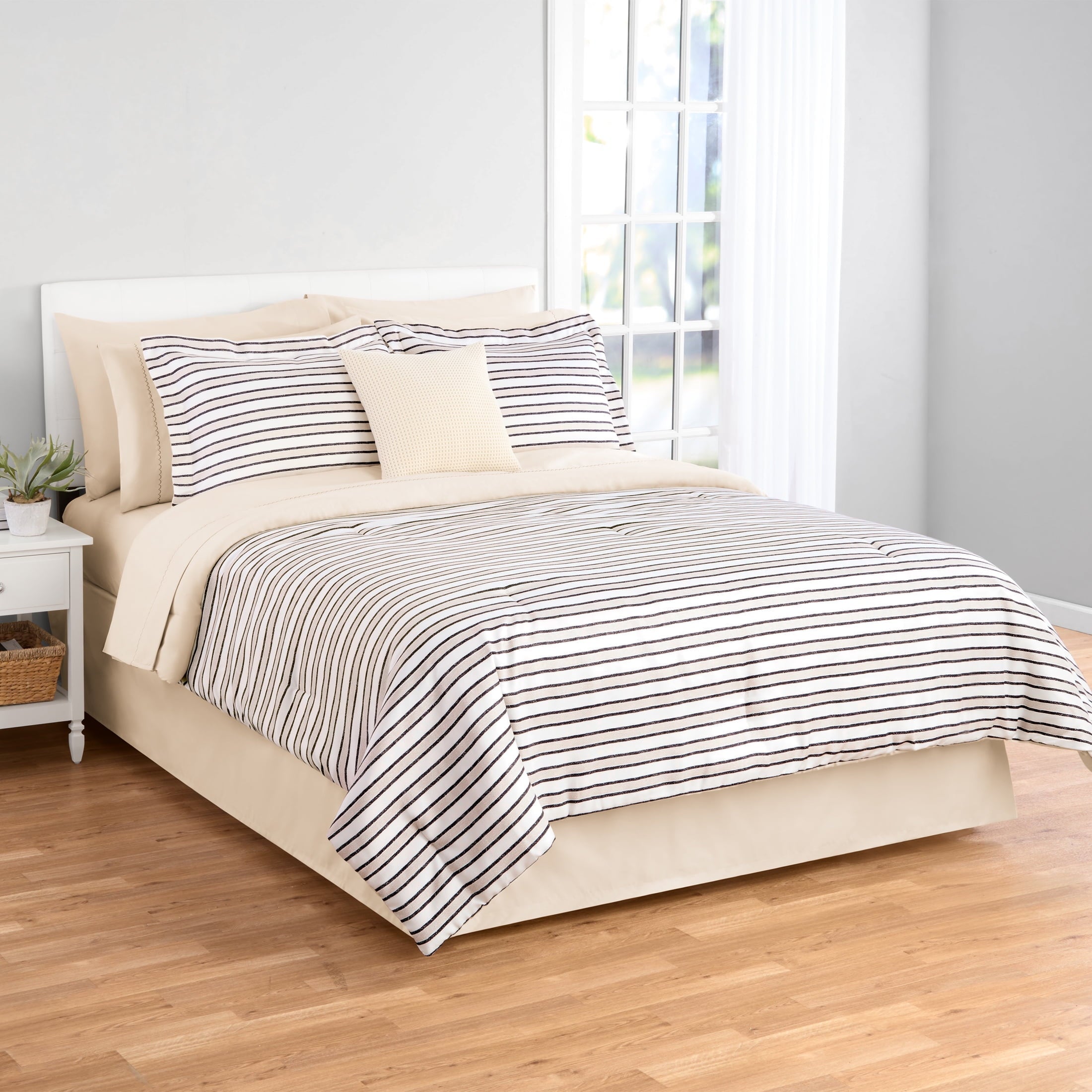 All-Season Soft Touch Bed in a Bag 11-Piece Reversible Tan & Black Striped Comforter Set with Sheets, Queen - Cloud-Like Soft Lightweight Bed Comforter - Default Title