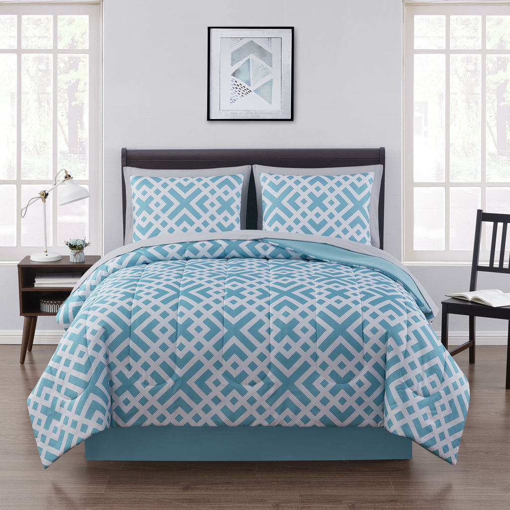 Luxurious Quilted Teal Geometric 6 Piece Bed in a Bag Comforter Set with Sheets, Twin/Twin-XL - Luxurious Quilted Duvet Cover Set - Default Title