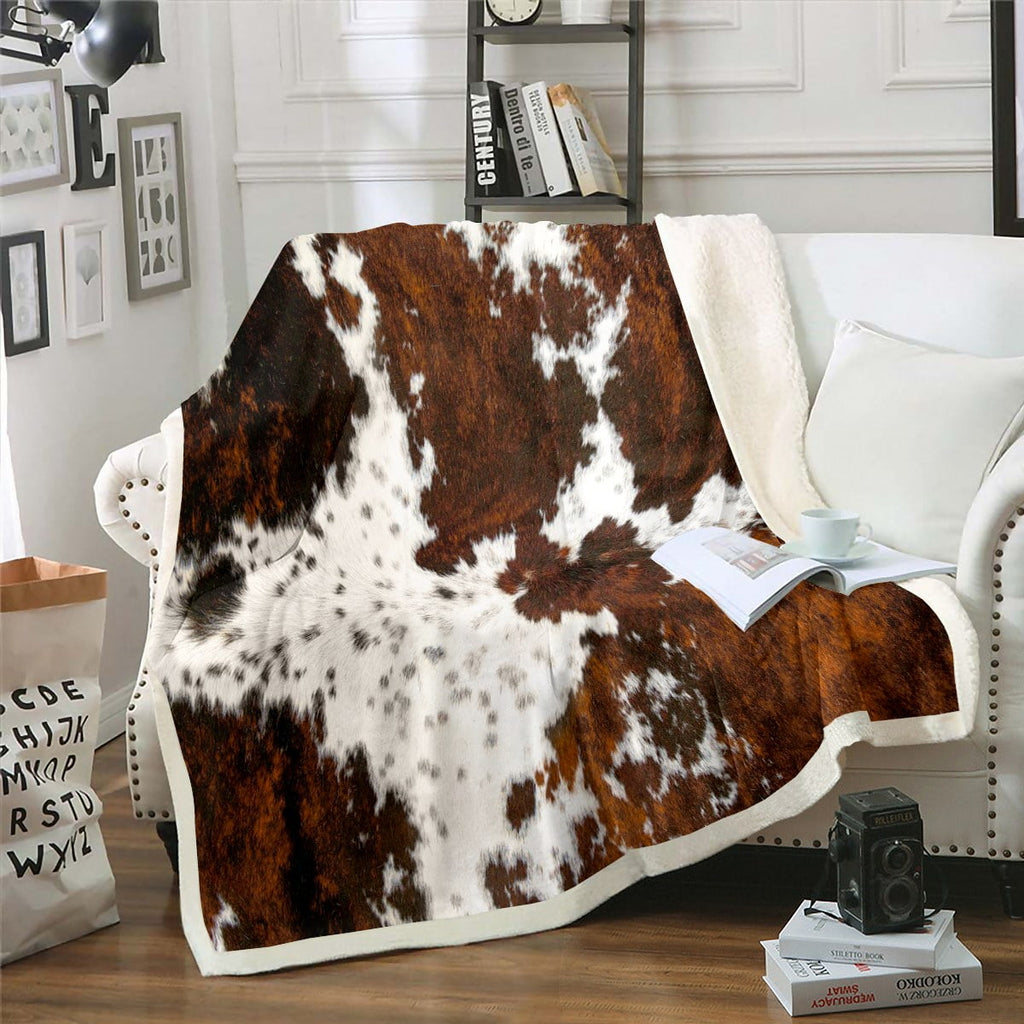 Reversible Sherpa Milk Cow Print Throw Blanket for Bed Chair,Black Brown Cowhide Fleece Blanket 50"x60",Farmhouse Rustic Animal Skin We... - Super Soft Reversible Sherpa Flannel Blanket - Default Title