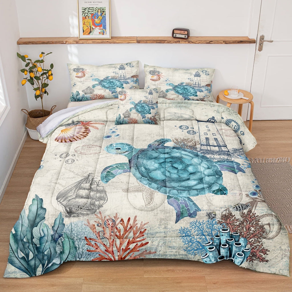 Luxurious Quilted Sea Turtle Comforter Set Queen Ocean Beach Bedding Set Soft and Lightweight Retro Style Design Coastal Bedding Set - Hypoallergenic Ultra-Fluffy Quilt for Winter - Default Title