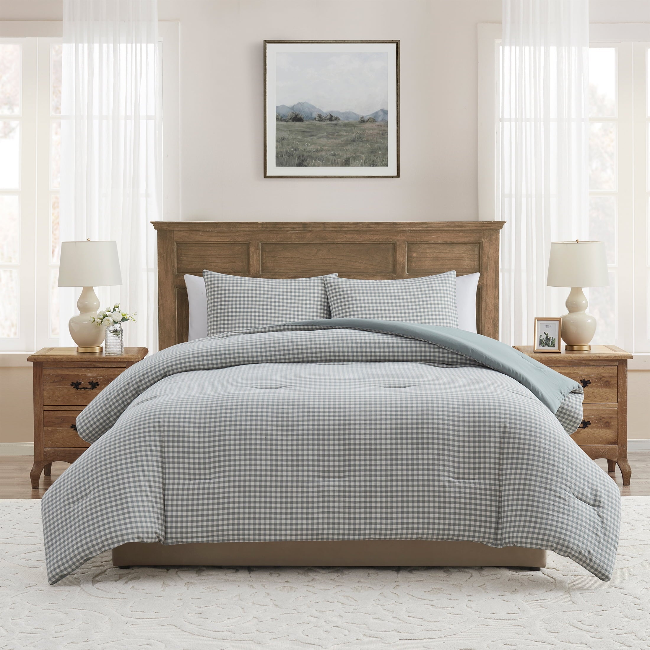 Luxurious Quilted Full/Queen Comforter Set, All-Season, 3-Piece, Green Gingham Plaid - Hypoallergenic Ultra-Fluffy Quilt for Winter - Default Title