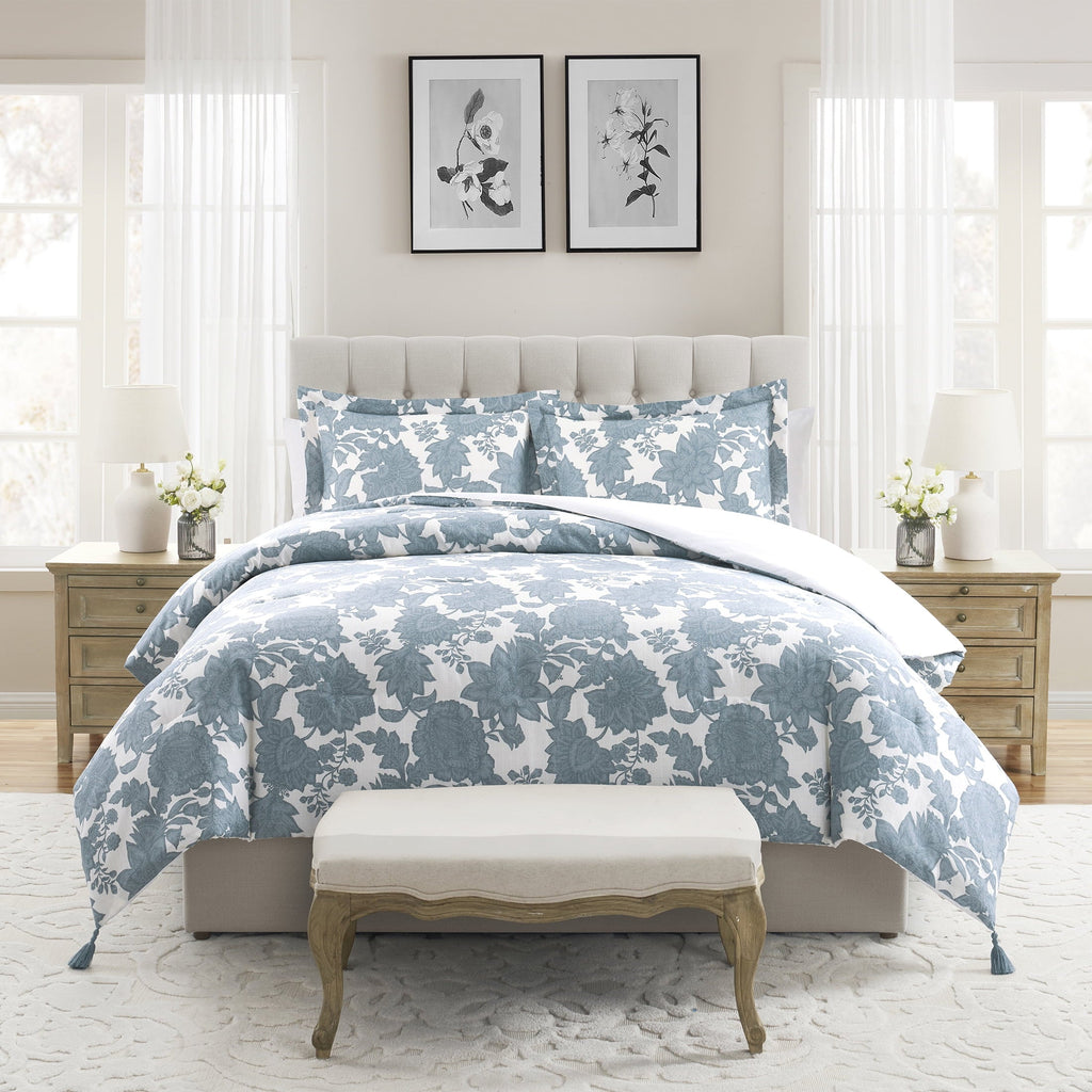 Heavyweight Warmth Veronica 3-Piece Blue Floral Cotton Slub Comforter Set, King - All-Season Down Alternative Comforter Insert - Default Title