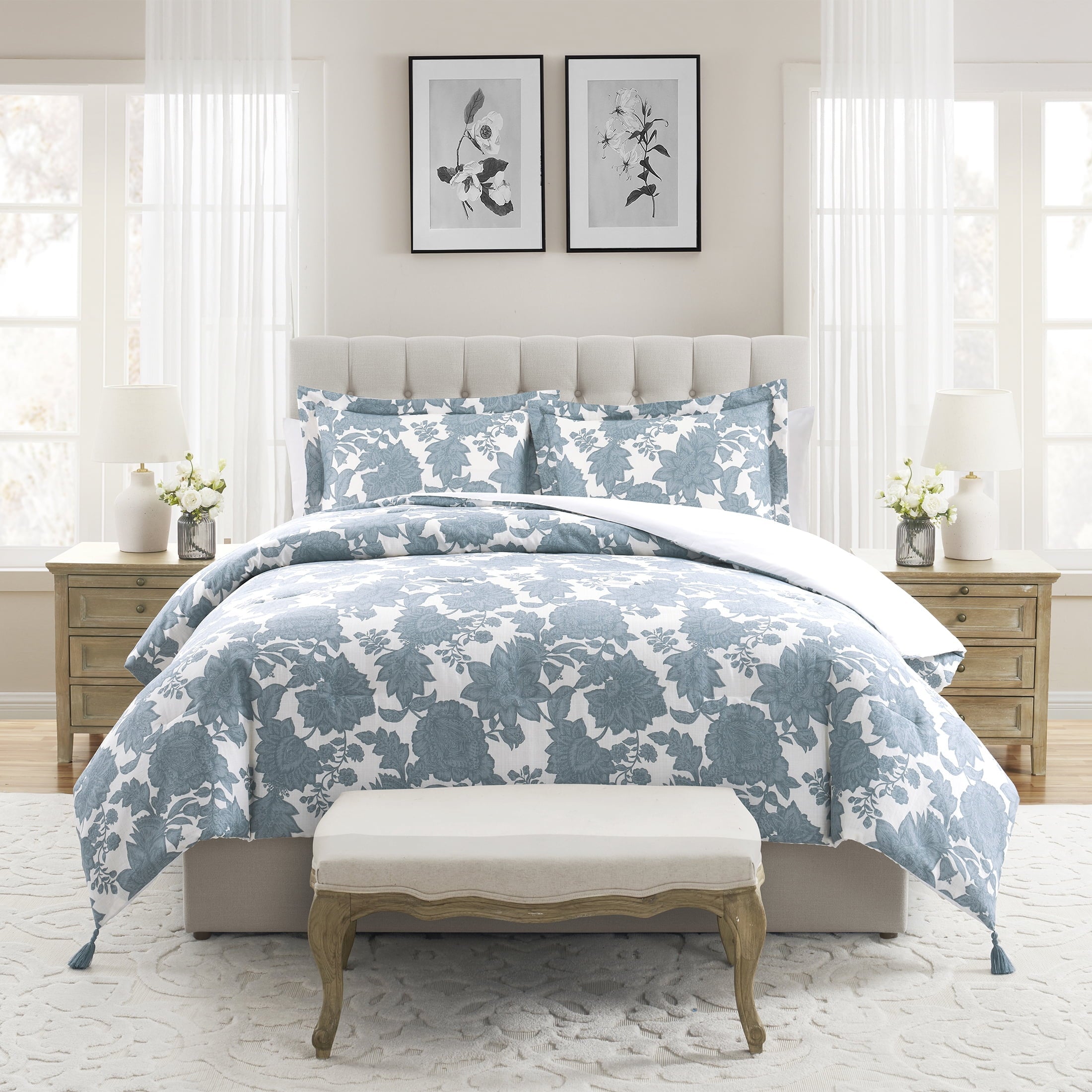 Heavyweight Warmth Veronica 3-Piece Blue Floral Cotton Slub Comforter Set, King - All-Season Down Alternative Comforter Insert - Default Title