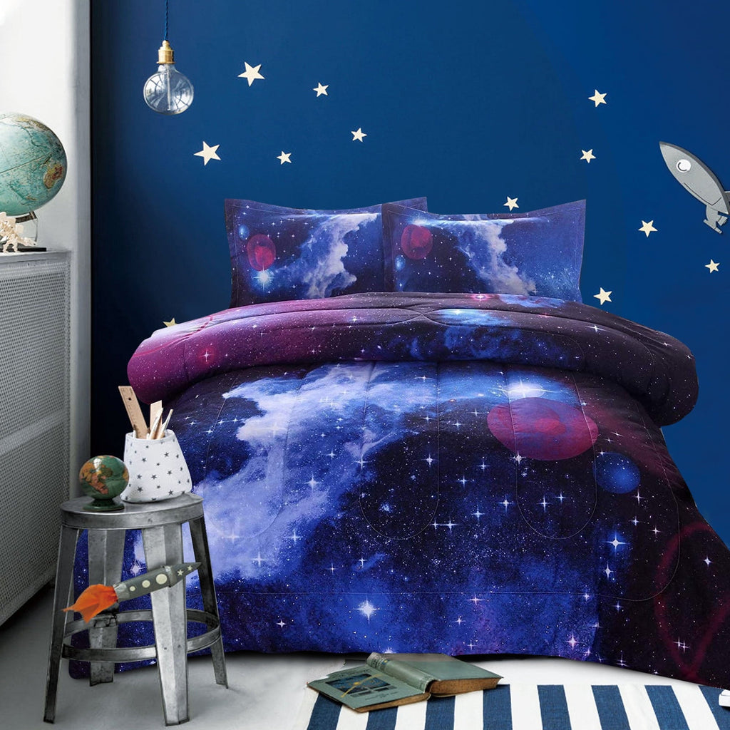 Heavyweight Warmth Galaxy Bedding Sets Outer Space Comforter 3D Printed Space Quilt Set Full Size for Kids Blue - All-Season Down Alternative Comforter Insert - Default Title