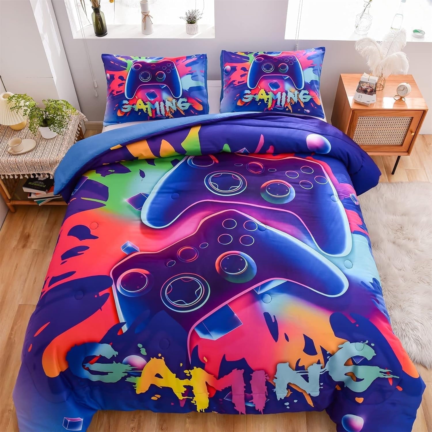 Fluffy Down Alternative Purple Queen Gaming Comforter Sets for Boys Kids Bedding Sets Colorful Games Console Gamer Quilt Set - Cloud-Like Soft Lightweight Bed Comforter - Default Title