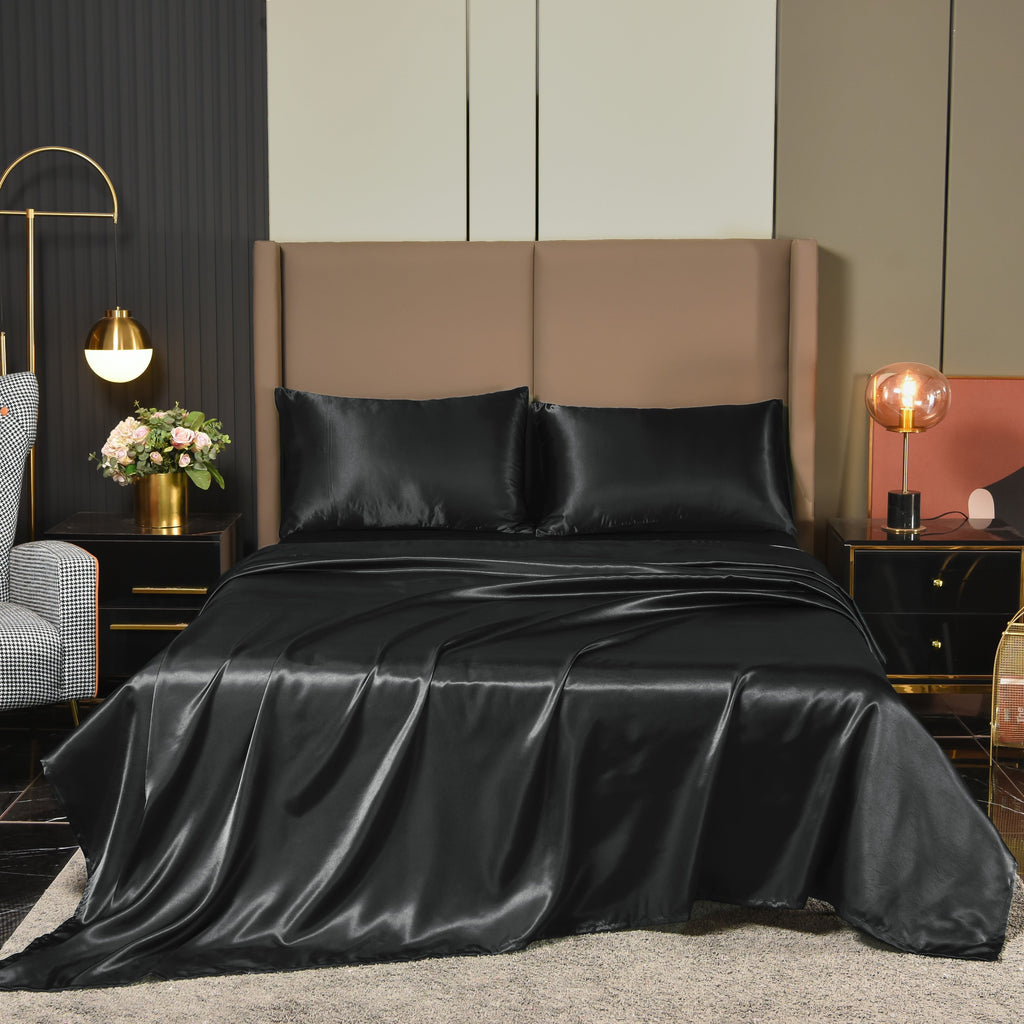 Cooling Sateen Satin Sheets Full Black Luxury Silky Bed Sheets 1800 Microfiber Sheet Set 4 Pcs - Premium Ultra-Soft Pillowcase Pair for Sleeping - Default Title