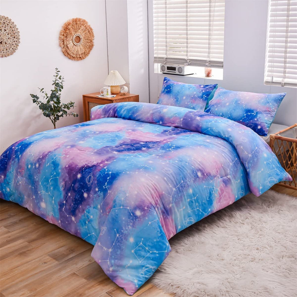 Fluffy Down Alternative Tie Dye Constellation Ombre Comforter Set Twin Gradient Galaxy Bedding Set Blue Purple - Hypoallergenic Ultra-Fluffy Quilt for Winter - Default Title