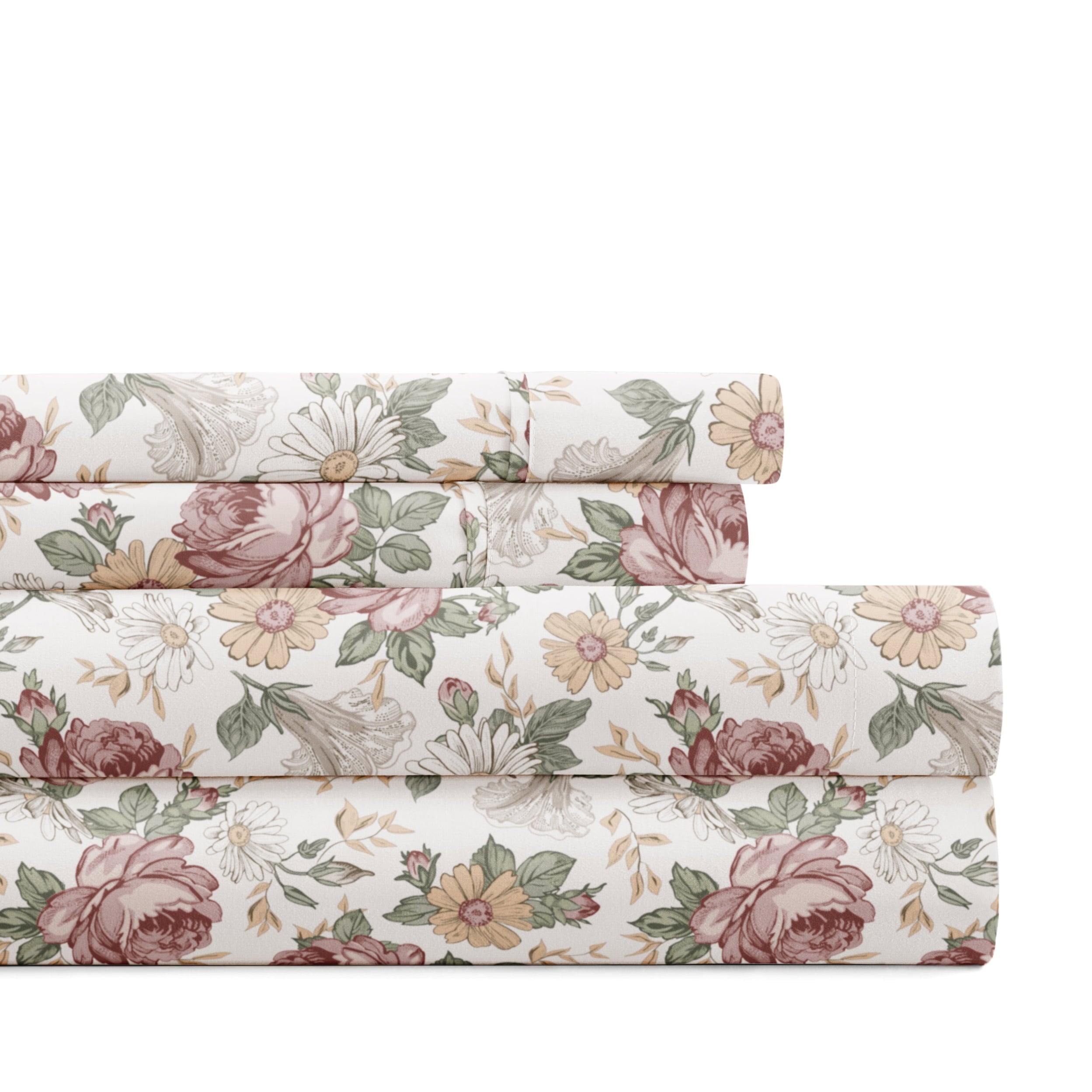 Ultra-Soft 4 Piece Pattern Microfiber Bed Sheets Set, Blooming Floral Rose, Queen - Breathable Egyptian Cotton Flat & Fitted Sheets - Default Title
