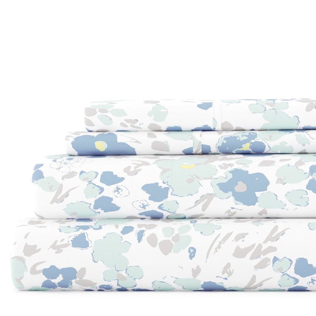 Cooling Sateen 4 Piece Pattern Microfiber Bed Sheets Set, Light Blue Violets, Full - Breathable Egyptian Cotton Flat & Fitted Sheets - Default Title