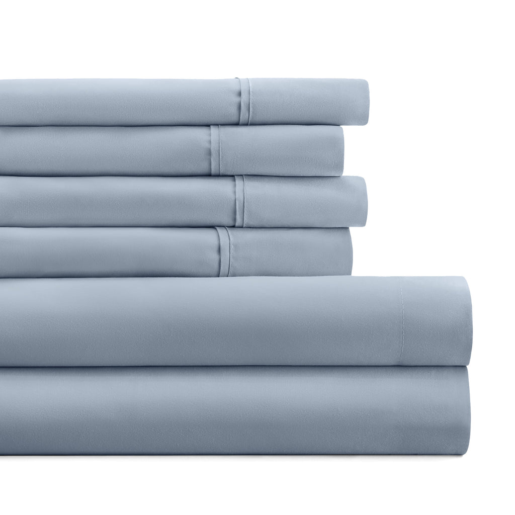 Cooling Sateen Queen, Light Blue Solid Microfiber 6 Piece Bed Sheet Set - Premium Ultra-Soft Pillowcase Pair for Sleeping - Default Title