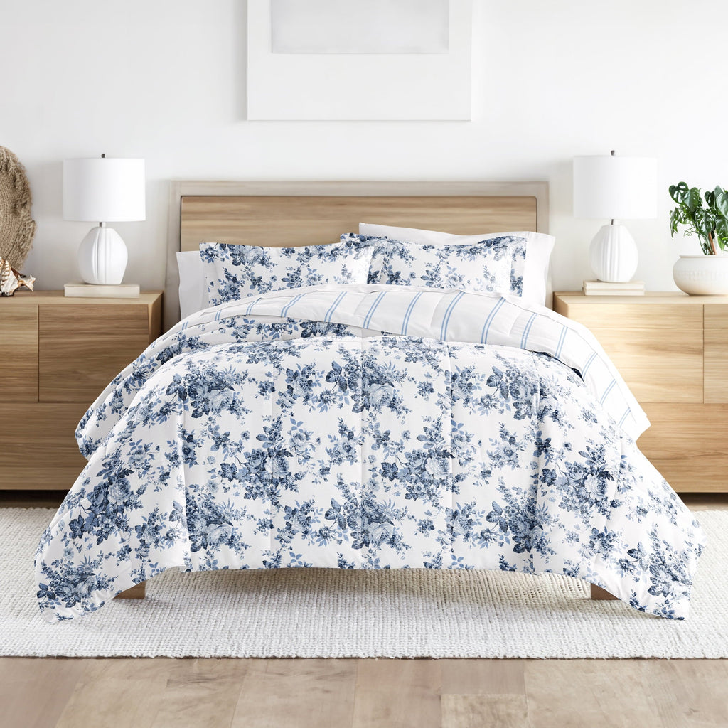 Fluffy Down Alternative Down Alternative Cabbage Rose Stripe Stone Reversible Comforter Set - All-Season Down Alternative Comforter Insert - Default Title