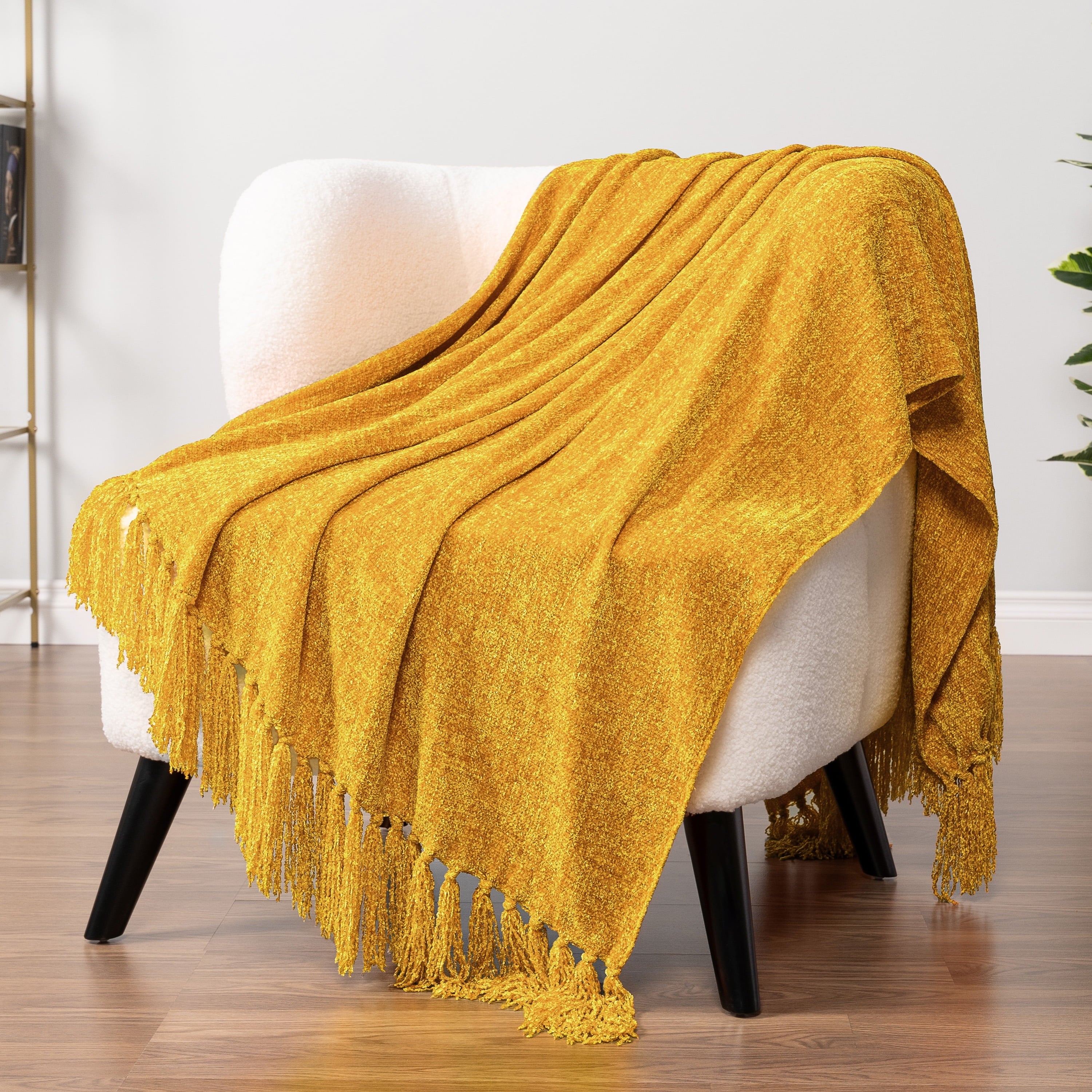 Decorative Knitted Mustard Yellow Chenille Throw Blanket for Couch, Soft Gold Knit Blanket with Tassel Fringe, Woven Chenille Knitted De... - Lightweight Plush Warm Blanket for All Seasons - Default Title