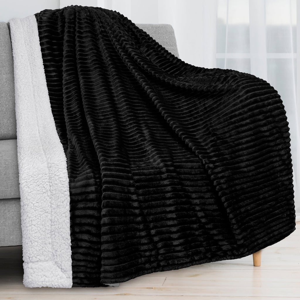 Decorative Knitted Reversible Sherpa Fleece Throw Blanket Black, Plush Flannel Throw, Ultra Soft Warm Ribbed Microfiber Blanket for Sofa... - Luxury Knitted Decorative Throw Blanket with Fringes - Default Title
