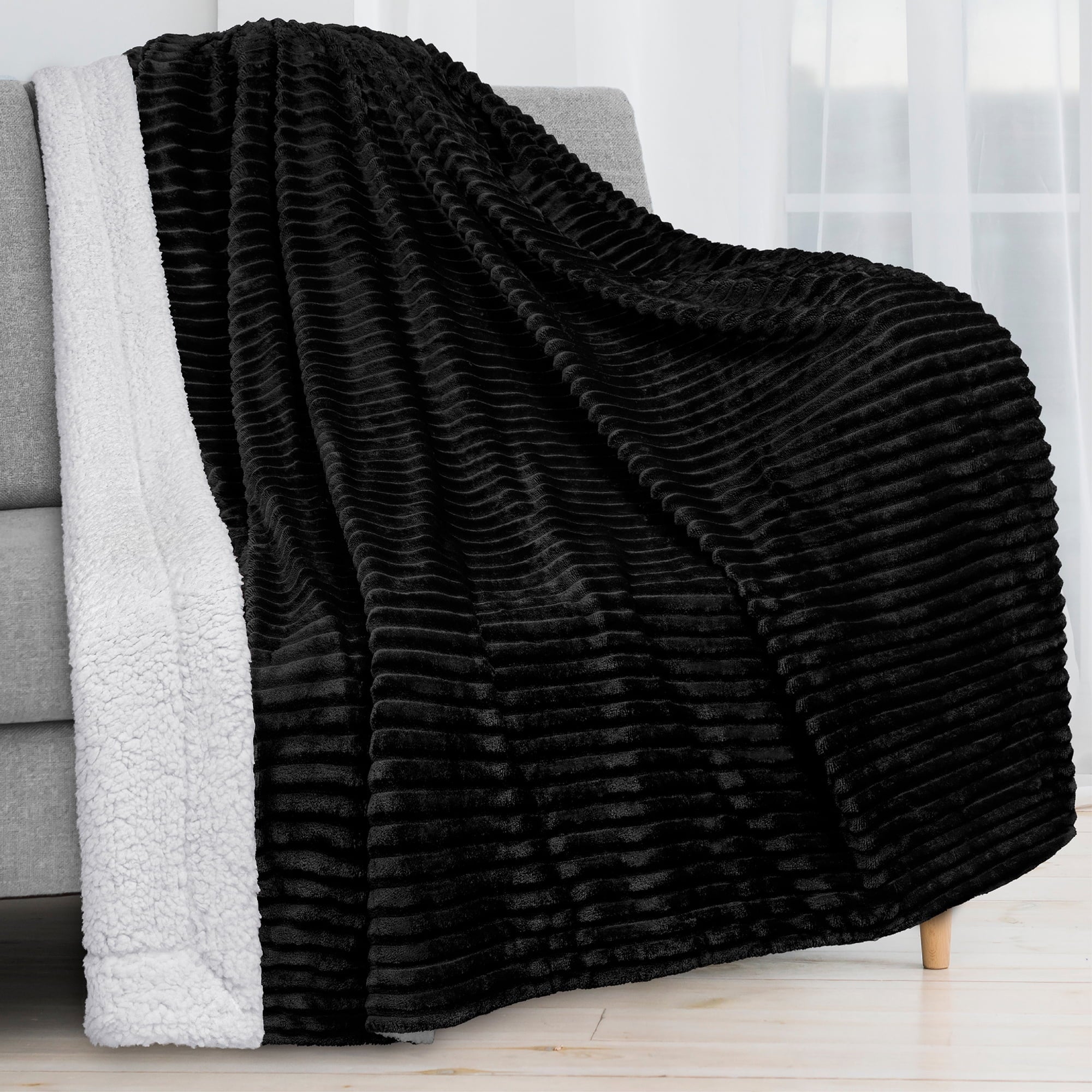 Decorative Knitted Reversible Sherpa Fleece Throw Blanket Black, Plush Flannel Throw, Ultra Soft Warm Ribbed Microfiber Blanket for Sofa... - Luxury Knitted Decorative Throw Blanket with Fringes - Default Title