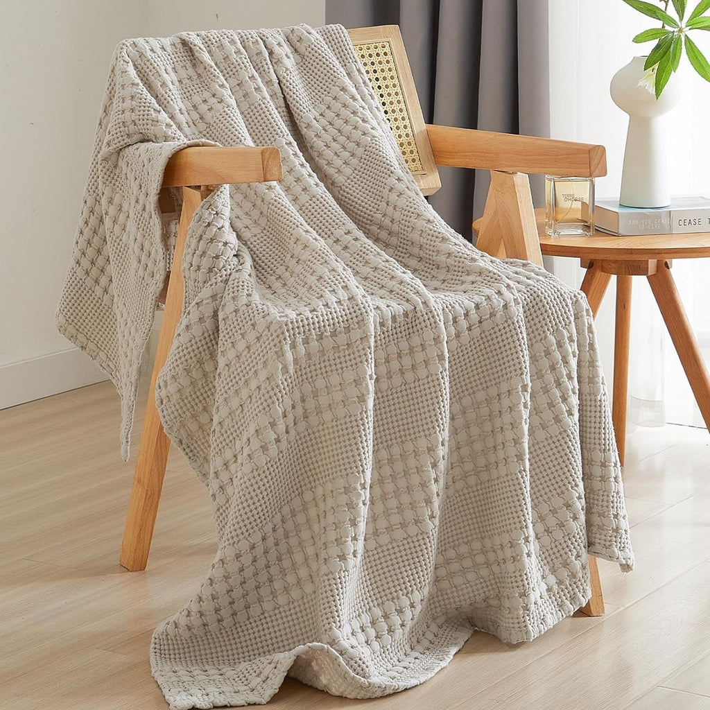Decorative Knitted 100% Cotton Waffle Weave Blanket, Lightweight Throw Washed Blanket for Bed Sofa Home Decor, Oatmeal, 50"x60" - Cozy Fleece Throw Blanket for Couch & Bed - Default Title