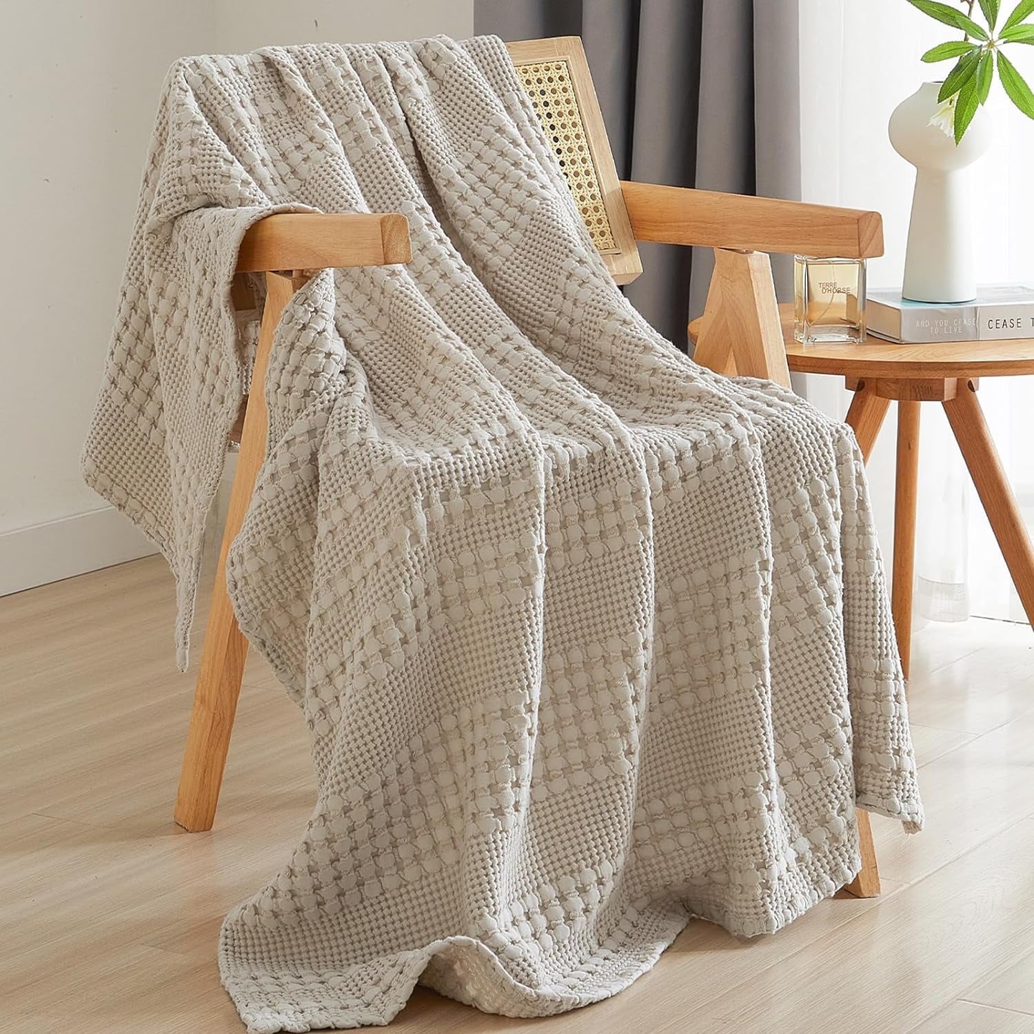 Decorative Knitted 100% Cotton Waffle Weave Blanket, Lightweight Throw Washed Blanket for Bed Sofa Home Decor, Oatmeal, 50"x60" - Cozy Fleece Throw Blanket for Couch & Bed - Default Title
