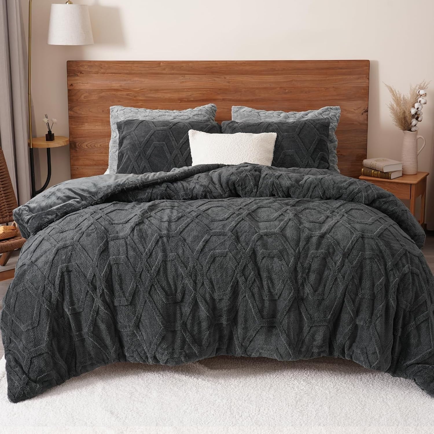 Fluffy Down Alternative Warm Sherpa Fleece Queen Comforter Set, 3D Tufted Fluffy Dark Grey Bedding for Winter, Soft 3 Pieces Shaggy Bed Set, ... - Luxurious Quilted Duvet Cover Set - Default Title