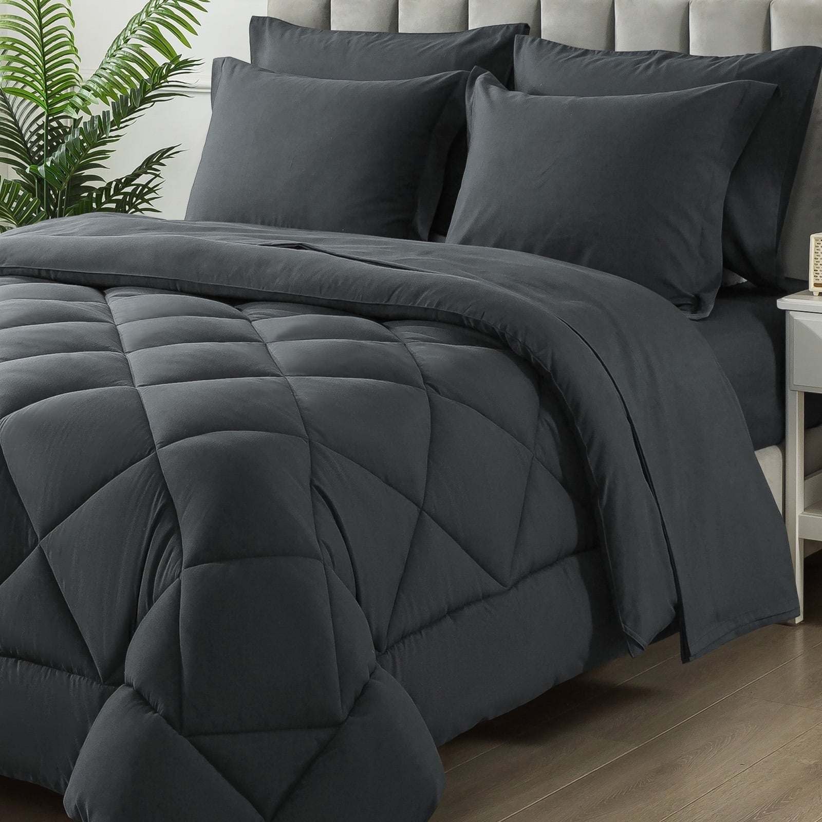 All-Season Queen Bed in a Bag Comforter Set with 7 Pieces - Dark Gray All Season Bedding Sets with Comforter, Pillow Shams, Flat... - Hypoallergenic Ultra-Fluffy Quilt for Winter - Default Title