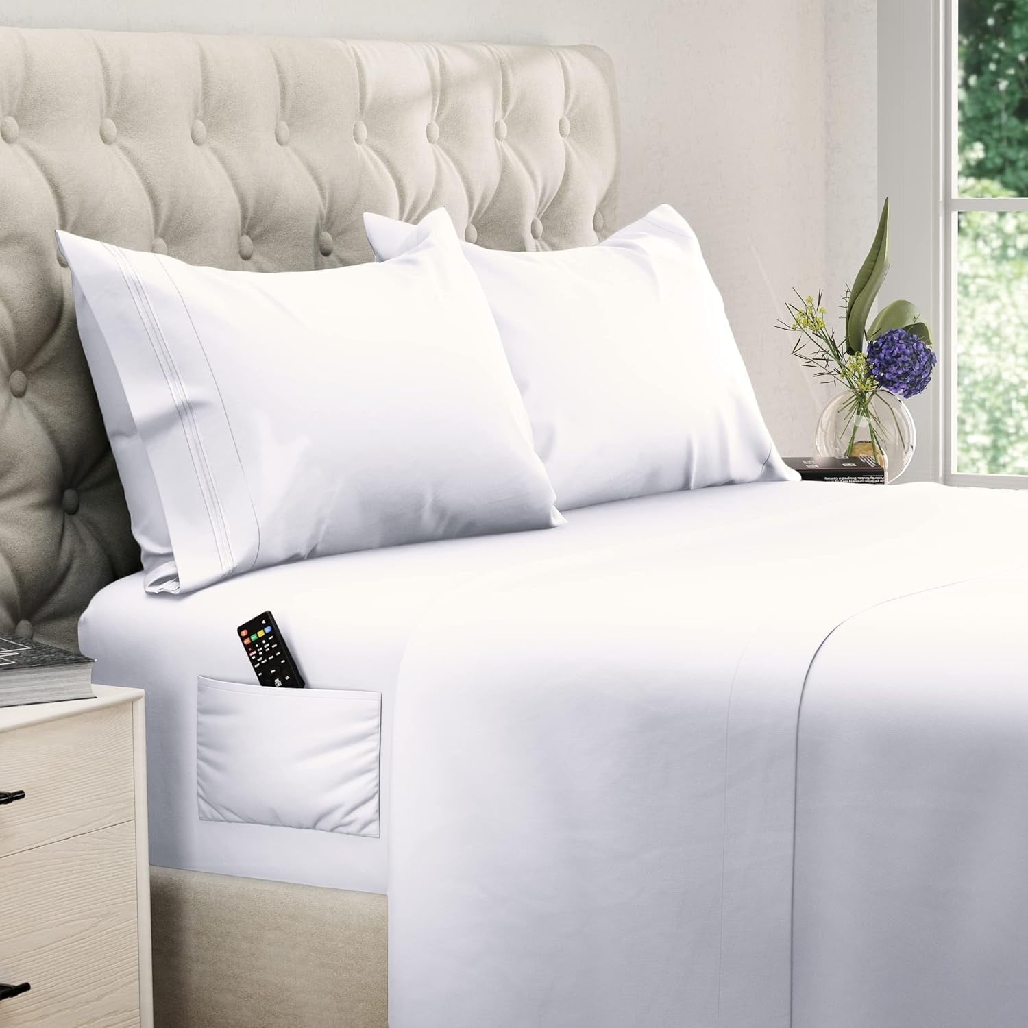 Premium Egyptian Cotton Set, Soft Microfiber 4 Piece Hotel Luxury Bed s with Deep Pockets, Embroidered Pillow Cases, Side Storage Pocket Fitt... - Premium Ultra-Soft Pillowcase Pair for Sleeping - Default Title
