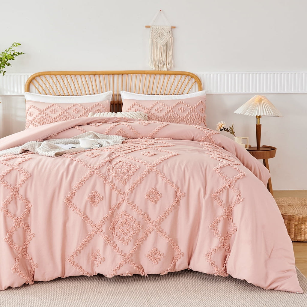 Hypoallergenic Cloud Pink Diamond Jacquard Comforter Set Queen 3 Pcs Bohemian Tufts Quilt Set for Kids Girls Adult 100% Soft Microfiber Be... - Luxurious Quilted Duvet Cover Set - Default Title