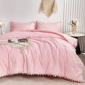 Hypoallergenic Cloud Pink Full Size Comforter Set Pom Fringe 3 Pcs Boho Chic Cute Ball Pom Blush Bedding Set Cali Soft Lightweight Solid B... - Hypoallergenic Ultra-Fluffy Quilt for Winter - Default Title