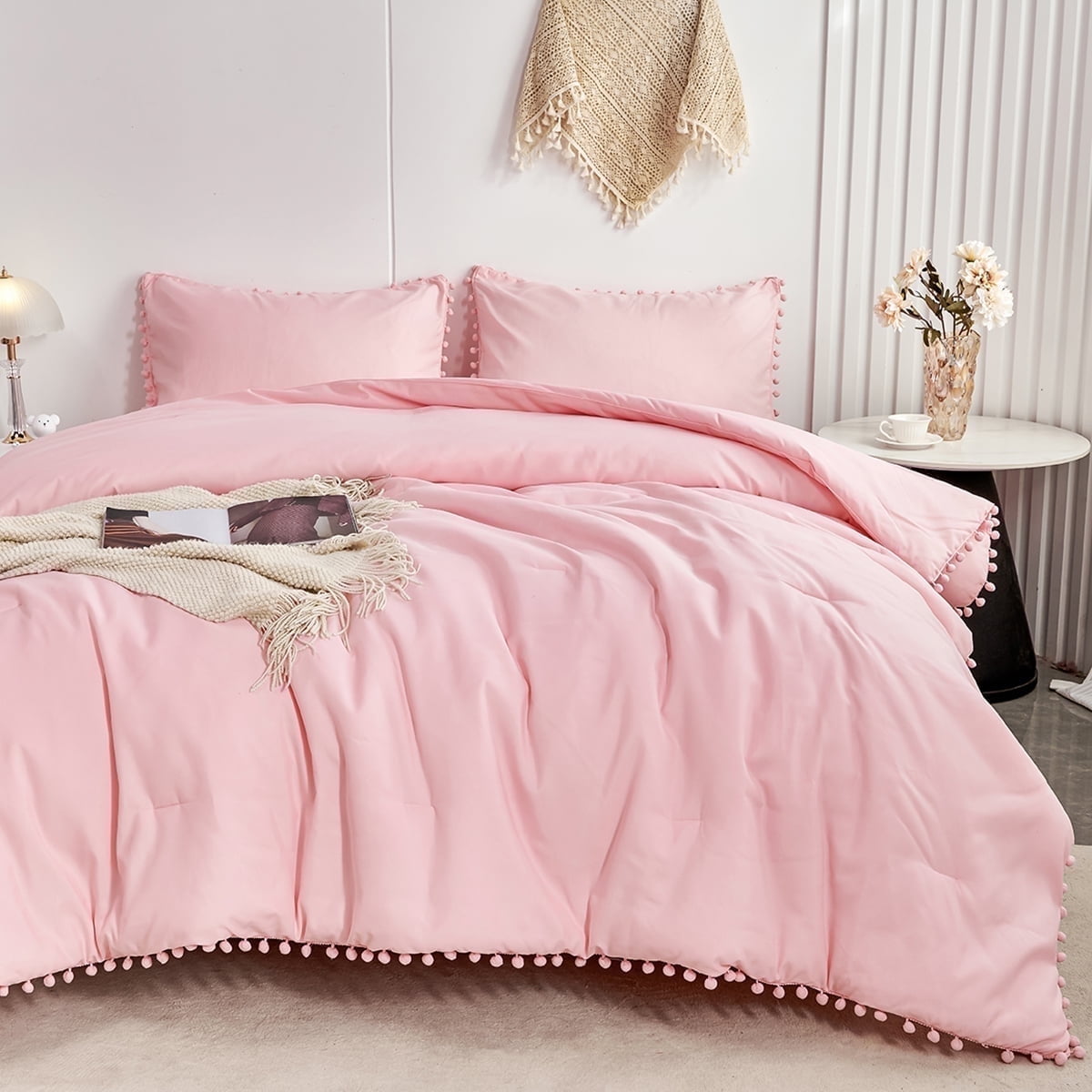 Hypoallergenic Cloud Pink Full Size Comforter Set Pom Fringe 3 Pcs Boho Chic Cute Ball Pom Blush Bedding Set Cali Soft Lightweight Solid B... - Hypoallergenic Ultra-Fluffy Quilt for Winter - Default Title