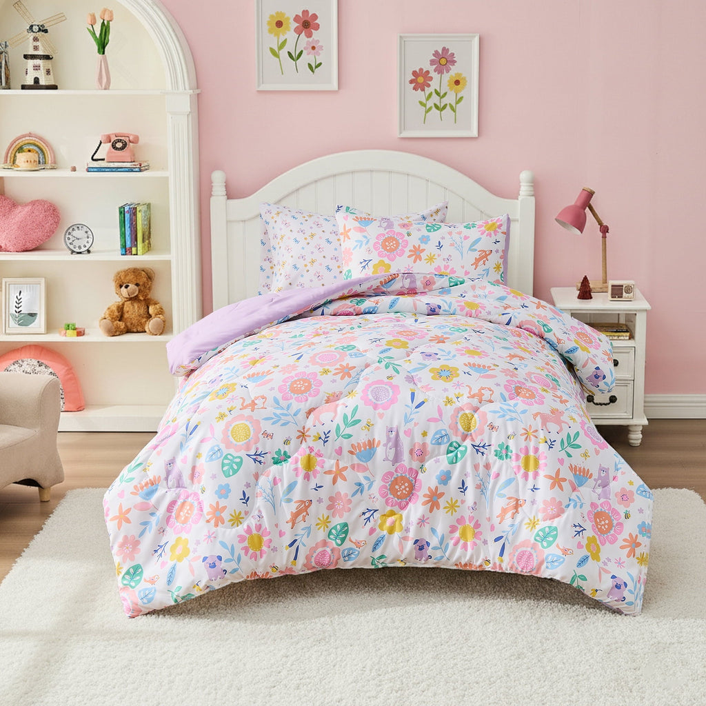 Luxurious Quilted Floral Comforter Set, Soft Microfiber Flower Bedding Set, 5 Pieces with Comforter, Sheets and Pillowcases, Twin - Cloud-Like Soft Lightweight Bed Comforter - Default Title