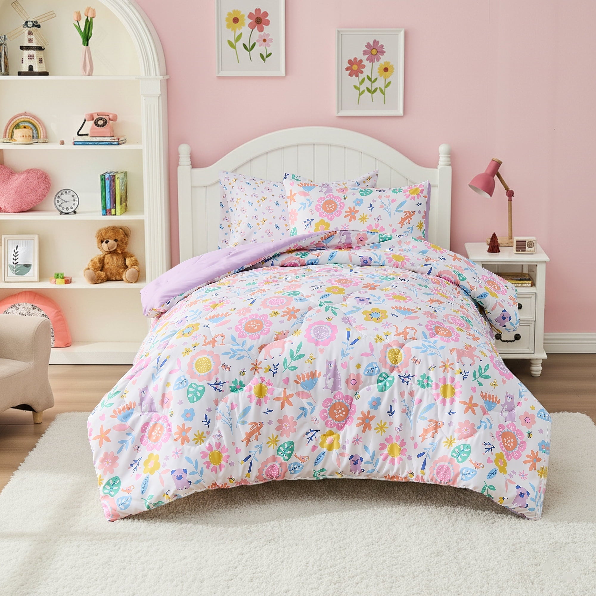 Luxurious Quilted Floral Comforter Set, Soft Microfiber Flower Bedding Set, 5 Pieces with Comforter, Sheets and Pillowcases, Twin - Cloud-Like Soft Lightweight Bed Comforter - Default Title