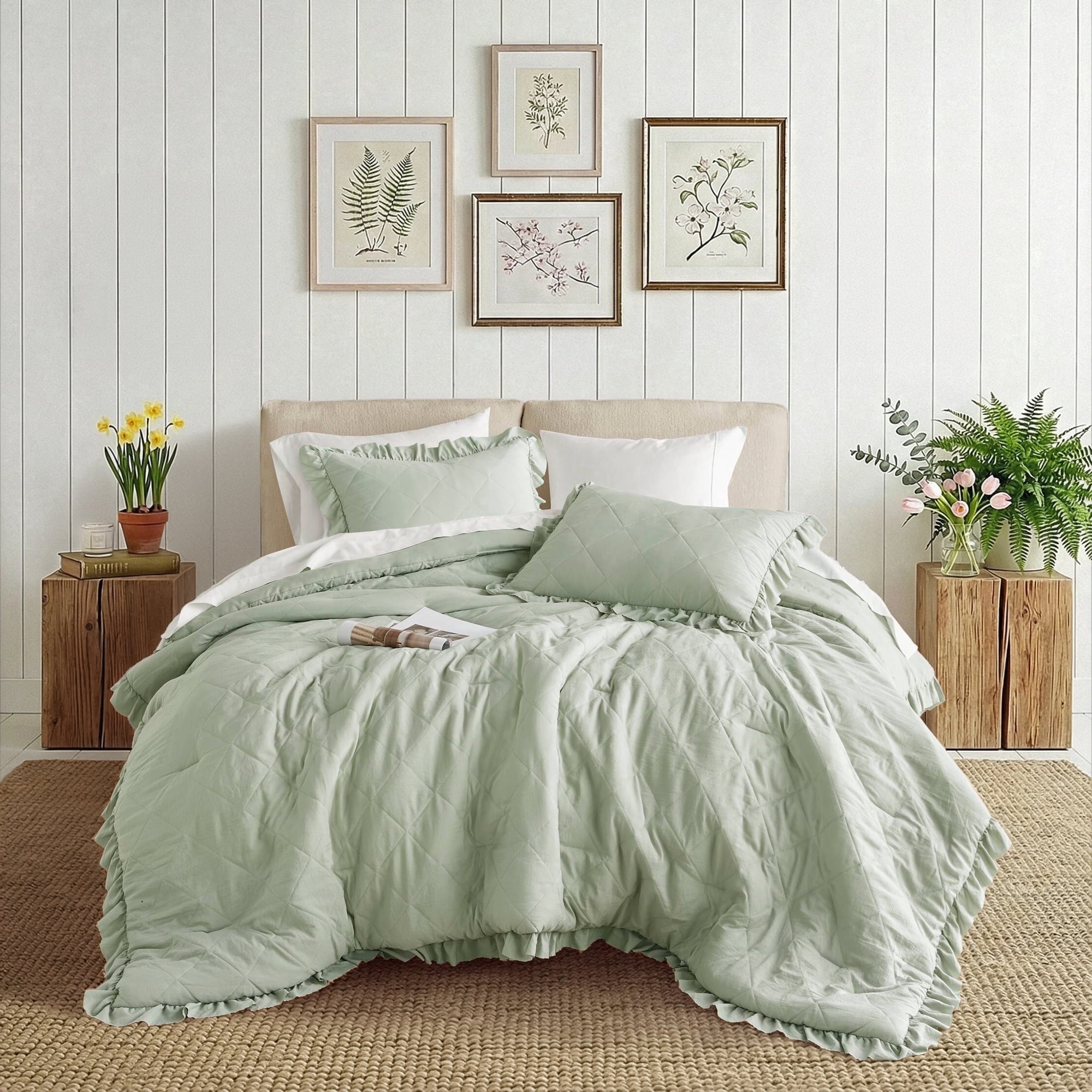 Hypoallergenic Cloud Full/Queen Comforter Set Sage, 3 Pieces Quilted Ruffle Comforters Full/Queen Size, Solid Bedding Comforters Sets, Gif... - Cloud-Like Soft Lightweight Bed Comforter - Default Title