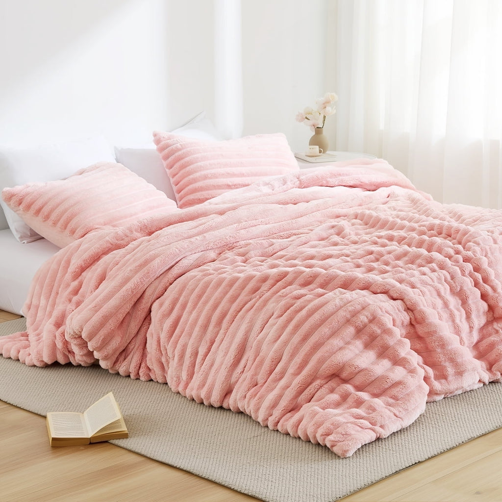Fluffy Down Alternative Full/Queen Size Comforter Set, Fluffy Ribbed Plush Comforter Set, 3-Piece Bedding Set, Pink - All-Season Down Alternative Comforter Insert - Default Title