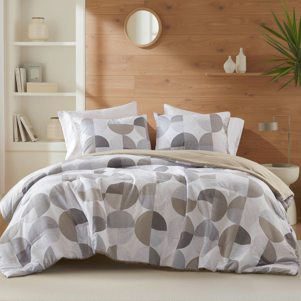 All-Season Full/Queen Size Comforter Set, Tan/Gray Bedding Set for All Seasons, 3-Piece Round Geometric Print Bedding Comforter Set - Cloud-Like Soft Lightweight Bed Comforter - Default Title