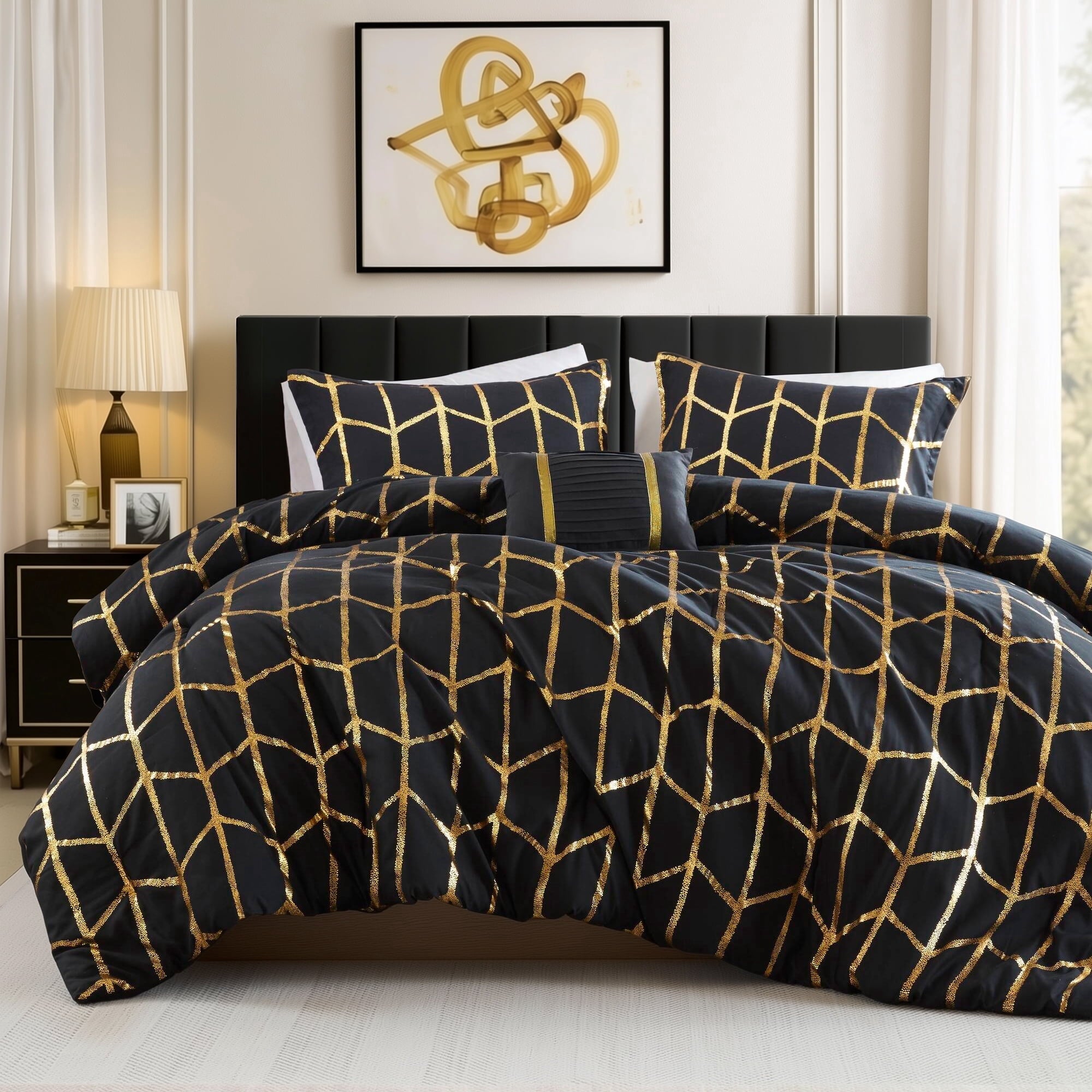Fluffy Down Alternative Full/Queen Size Comforter Set, 4-Piece Bedding Set for All Seasons, Geometric Metallic Comforter Bed Set with Decor P... - Hypoallergenic Ultra-Fluffy Quilt for Winter - Default Title