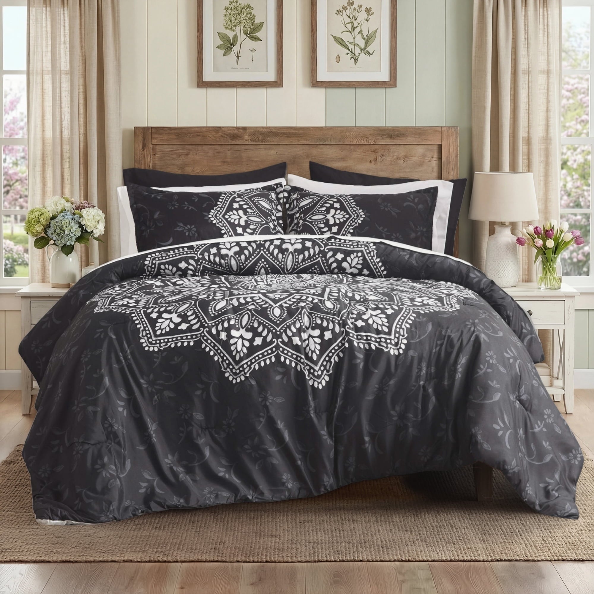Luxurious Quilted Queen Comforter Set, Bedding Comforter Set Queen Size W/ Side Pockets, Black, 9 Pieces - Cloud-Like Soft Lightweight Bed Comforter - Default Title