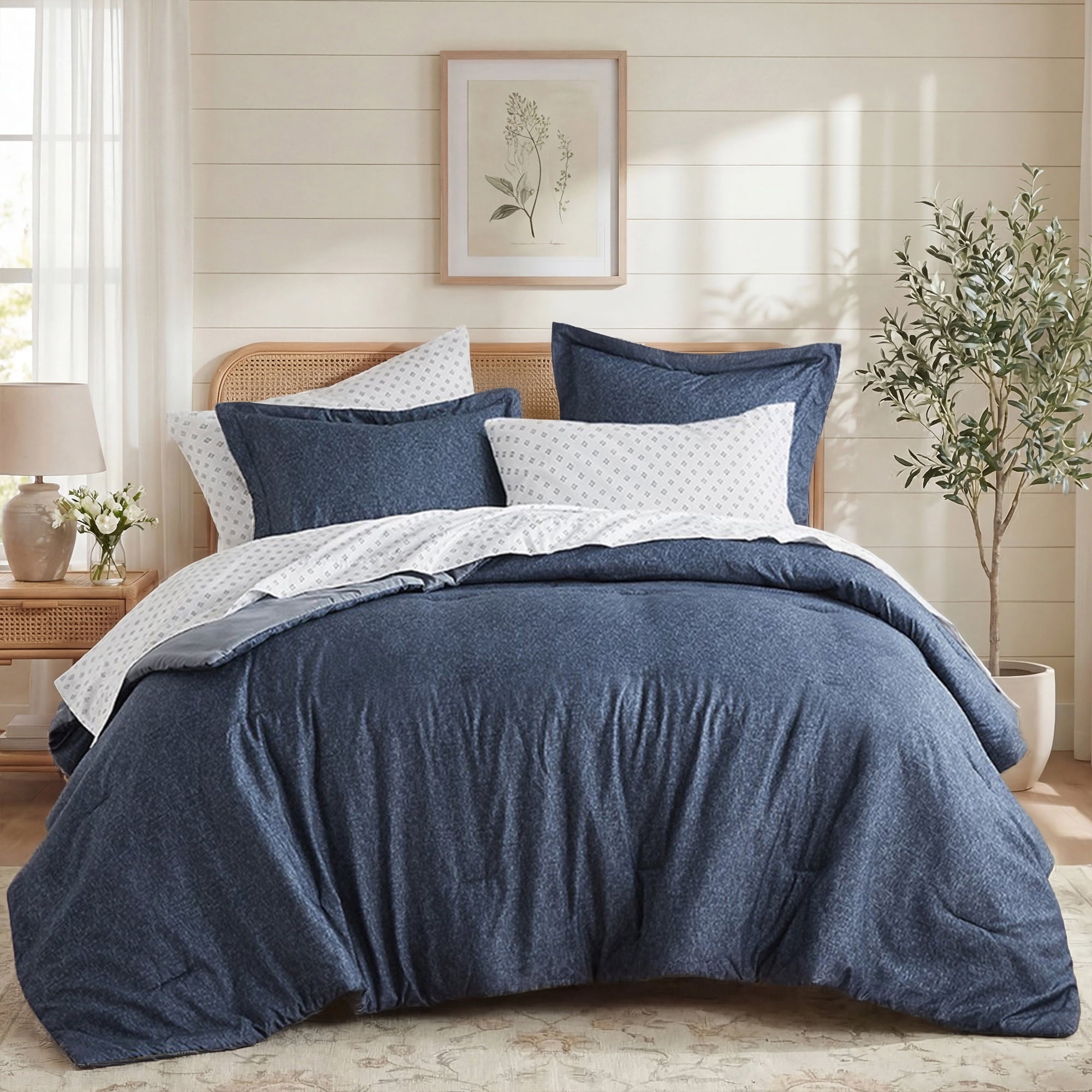 Luxurious Quilted Queen Size Comforter Set, 7-Piece Reversible Bed in a Bag with Sheets, Navy - Hypoallergenic Ultra-Fluffy Quilt for Winter - Default Title