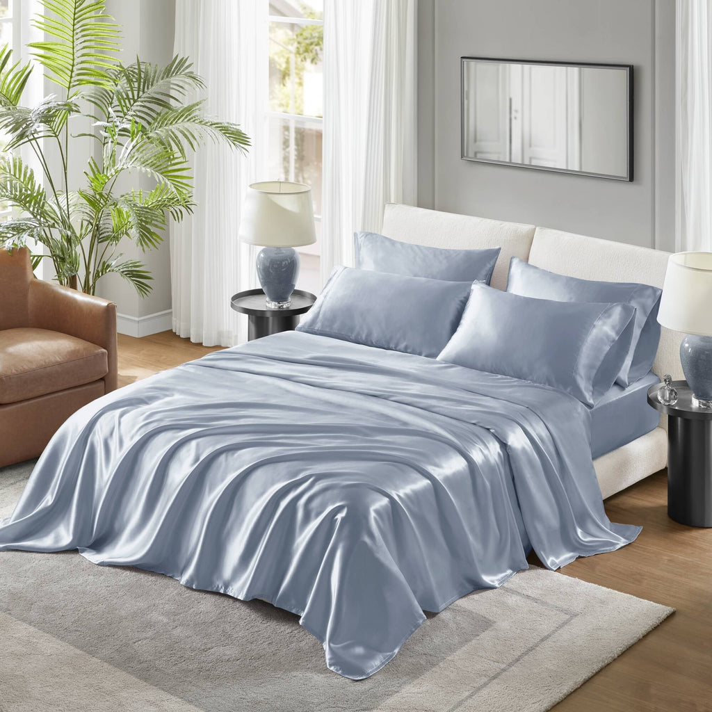 Cooling Sateen Satin Sheet Set, Twin Bed Sheets with Pillowcases, 4-Piece Luxury Silky Sheet Set, Blue, Gifts for Women - Premium Ultra-Soft Pillowcase Pair for Sleeping - Default Title