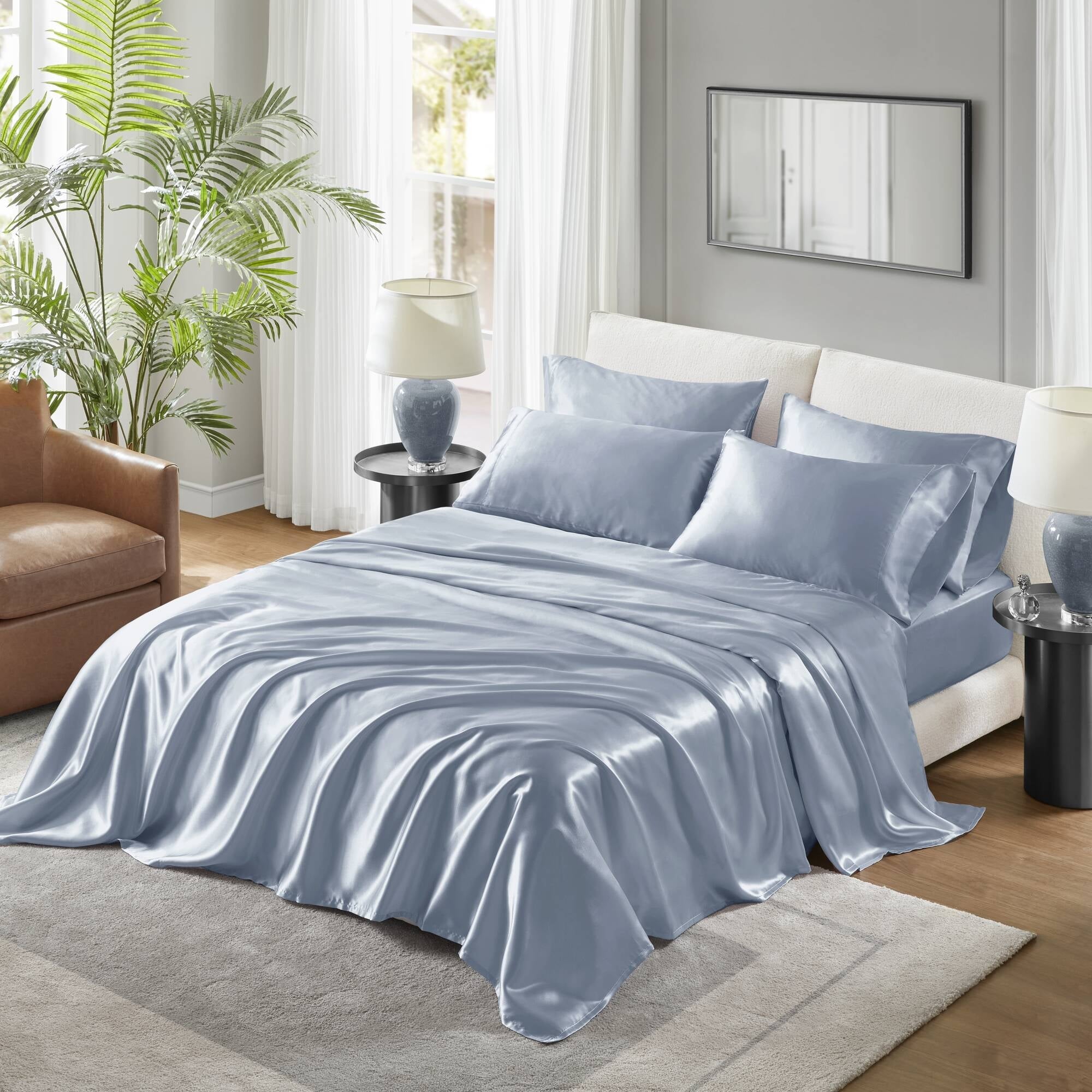 Cooling Sateen Satin Sheet Set, Twin Bed Sheets with Pillowcases, 4-Piece Luxury Silky Sheet Set, Blue, Gifts for Women - Premium Ultra-Soft Pillowcase Pair for Sleeping - Default Title