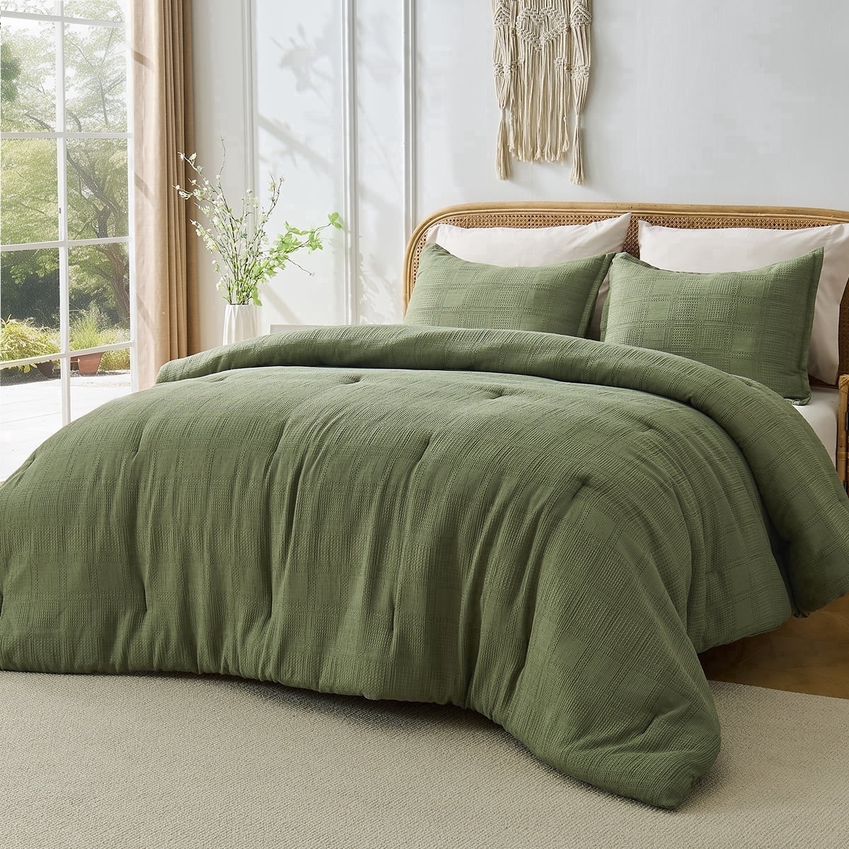 Hypoallergenic Cloud Waffle Weave Comforter Set Full/Queen Size, Lightweight & Breathable Comforter Bet Set for All Season, 3-Piece Textur... - Luxurious Quilted Duvet Cover Set - Default Title