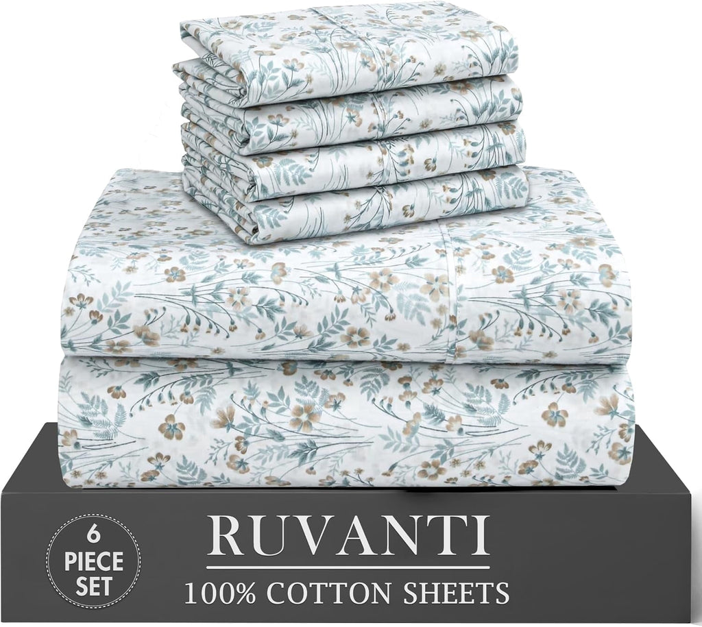 Wrinkle-Resistant 6 Pcs Cotton Sheets - 100% Natural Cotton Soft, Lightweight & Breathable Crispy Percale Bed Sheets, King Size Sheets ... - Premium Ultra-Soft Pillowcase Pair for Sleeping - Default Title