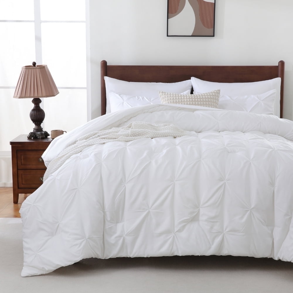 All-Season 7 Pieces Pinch-Pleated Comforter Set, White Queen Size - All-Season Down Alternative Comforter Insert - Default Title