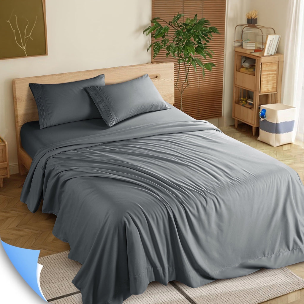 Cooling Sateen Shilucheng 4 Pieces Luxury Bed Sheets Set, Plush Microfiber Bed Sheets, 16" Deep Pocket, Queen, Dark Gray - Premium Ultra-Soft Pillowcase Pair for Sleeping - Default Title