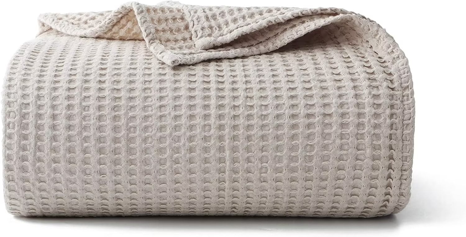 Reversible Sherpa 100% Cotton Waffle Bed Blanket King Size, Throw Blanket for Couch All Seasons (Beige, 104x90) - Luxury Knitted Decorative Throw Blanket with Fringes - Default Title