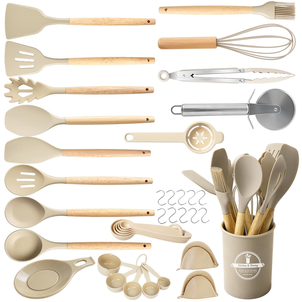 Chef-Quality Silicone Cooking Utensils Set, Heat Resistant Kitchen Tools, 36 PCS Non-Stick Silicone Cooking Kitchen Utensils, Khaki - Multi-Purpose Hand Tool for Daily Meal Prep - Default Title