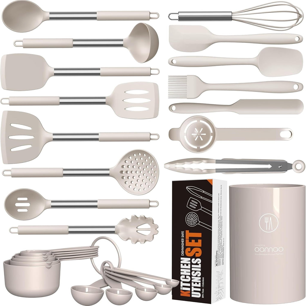 Heat-Resistant Large Silicone Cooking Utensils Set - Heat Resistant Kitchen Utensils,Turner Tongs,Spatula,Spoon,Brush,Whisk,Stainles... - Durable Turner & Ladle Utensil Set for Home Chefs - Default Title