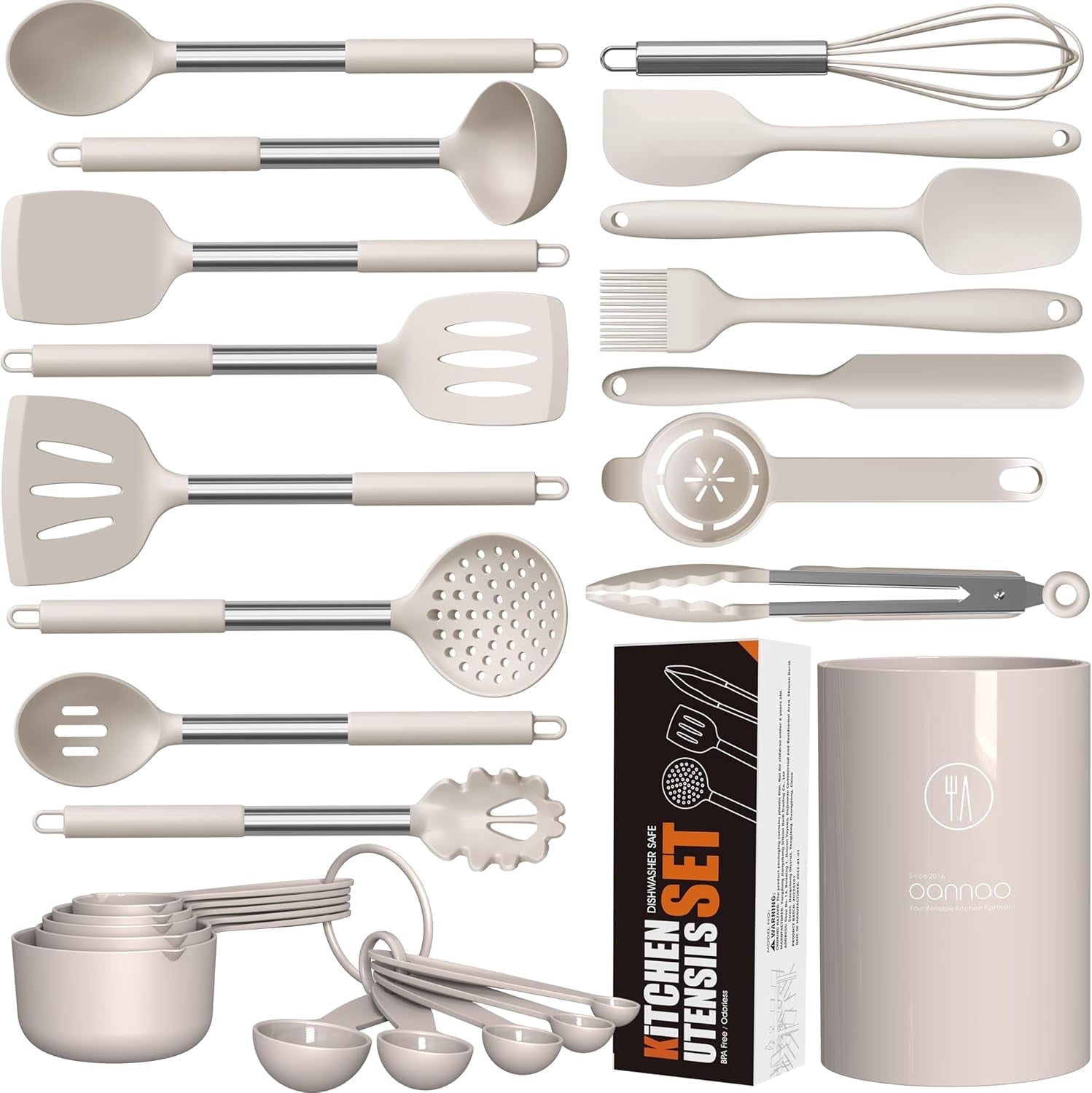 Heat-Resistant Large Silicone Cooking Utensils Set - Heat Resistant Kitchen Utensils,Turner Tongs,Spatula,Spoon,Brush,Whisk,Stainles... - Durable Turner & Ladle Utensil Set for Home Chefs - Default Title