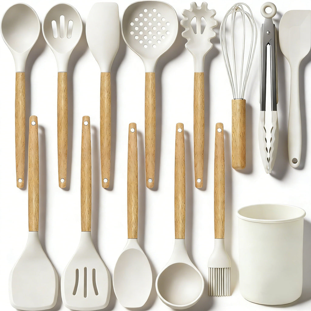 Ergonomic Cooking 14-Piece Silicone Cooking Utensils Set, Non-Stick Kitchen Utensil Set for Baking, Flipping, Mixing, White - Ergonomic Kitchen Tongs and Cooking Spoon Utensil - Default Title