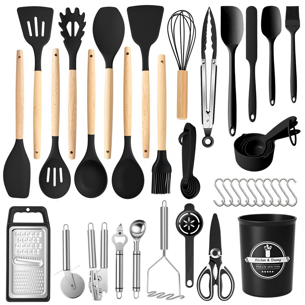 Premium Silicone Silicone Cooking Utensils Set with Holder, 44 PCS Kitchen Utensils Set, Silicone Kitchen Gadgets Spatulas Set for Non... - Durable Turner & Ladle Utensil Set for Home Chefs - Default Title