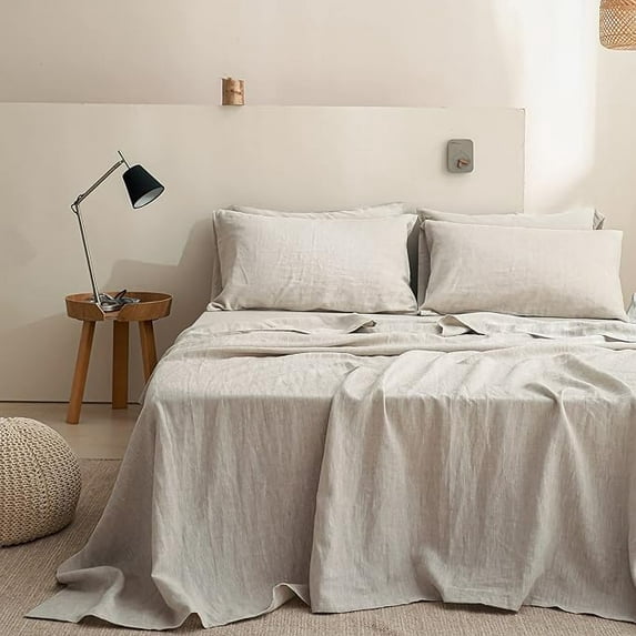 Breathable Luxury 100% Linen Sheet Set Solid Color-4 Pcs Washed French Linen Bed Sheets(1 Flat Sheet,1 Fitted Sheet,2 Pillowcases)-Brea... - Luxury Bed Sheet Set with Deep Pockets - Default Title