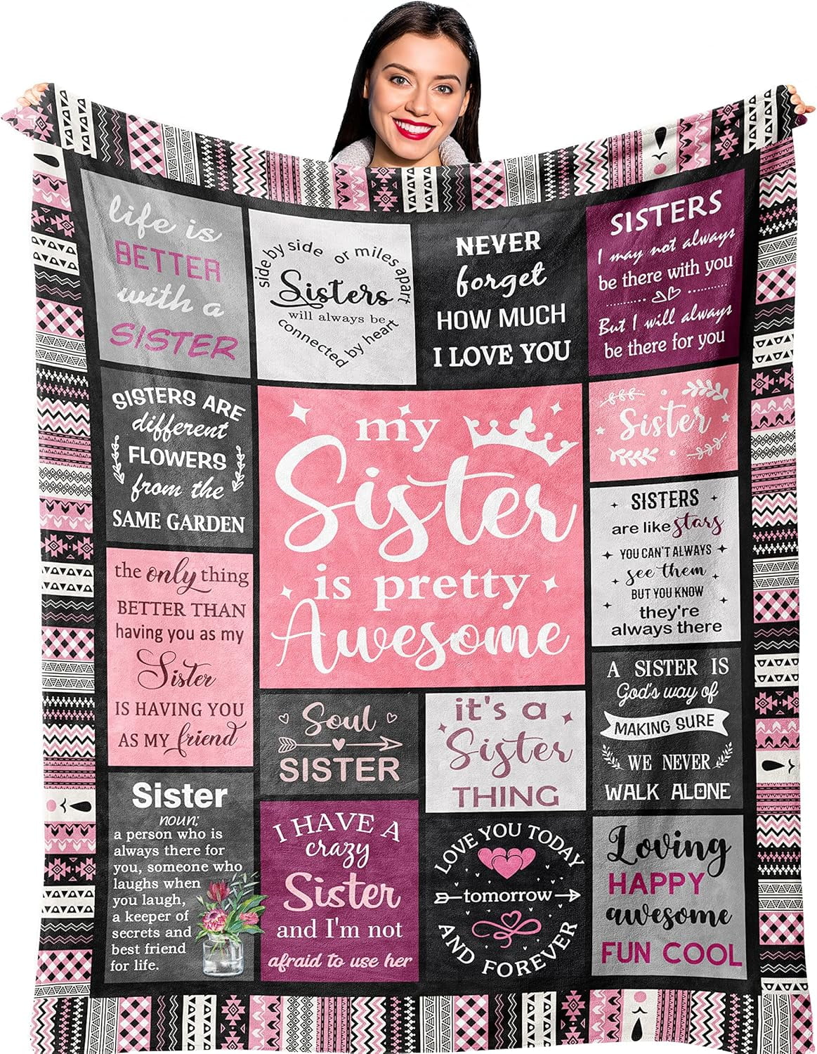 Lightweight Warm Sister Gifts , Sisters Birthday Gift Idea, Best Sister Ever Gift for Women, Birthday Gifts for Sisters, Sis Soft Thro... - Luxury Knitted Decorative Throw Blanket with Fringes - Default Title