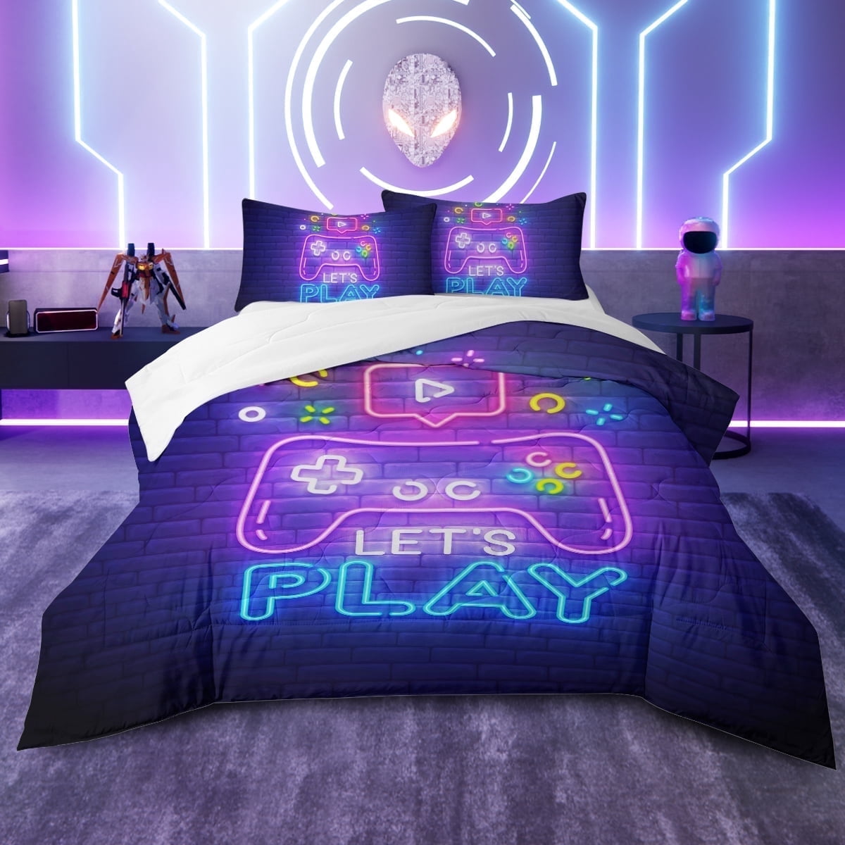 Hypoallergenic Cloud Gaming Comforter Set for Boys, 3-Piece Abstract Neon Kids Bedding Sets Twin Size - Luxurious Quilted Duvet Cover Set - Default Title
