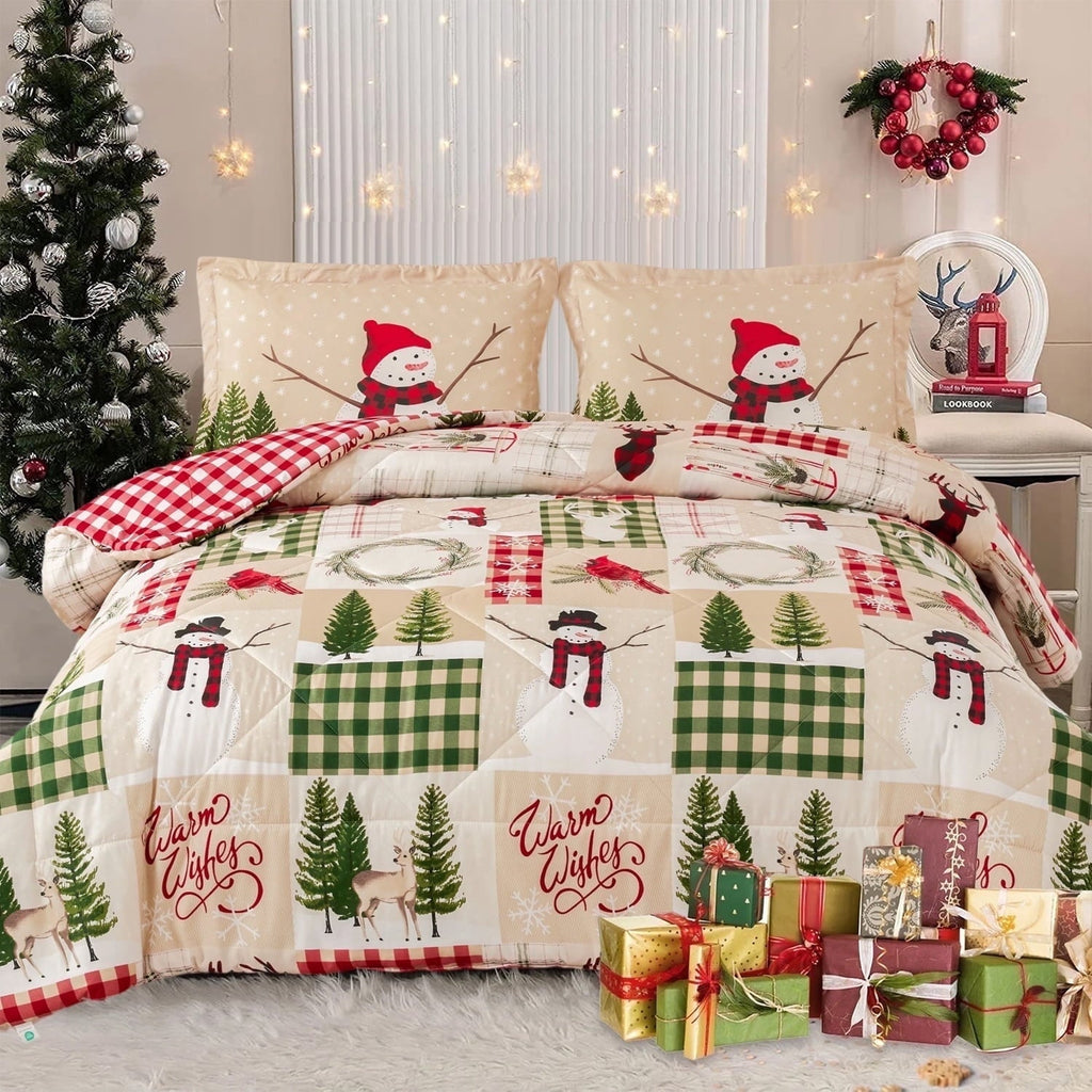 Heavyweight Warmth 3 Pcs Christmas Comforter Set, Bed in a Bag Wreath Snowman Queen/Full Size Xmas Bedding Set Fitted Pillowcases for Adult - Luxurious Quilted Duvet Cover Set - Default Title
